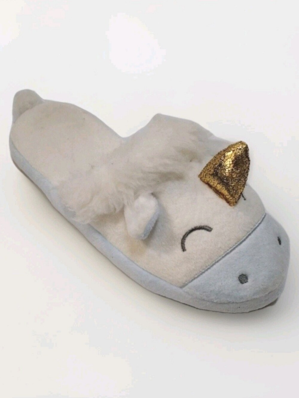 Kids Unicorn Plush House Slippers Faux Fur Gold Horn Cozy Bedroom Shoes Size 6